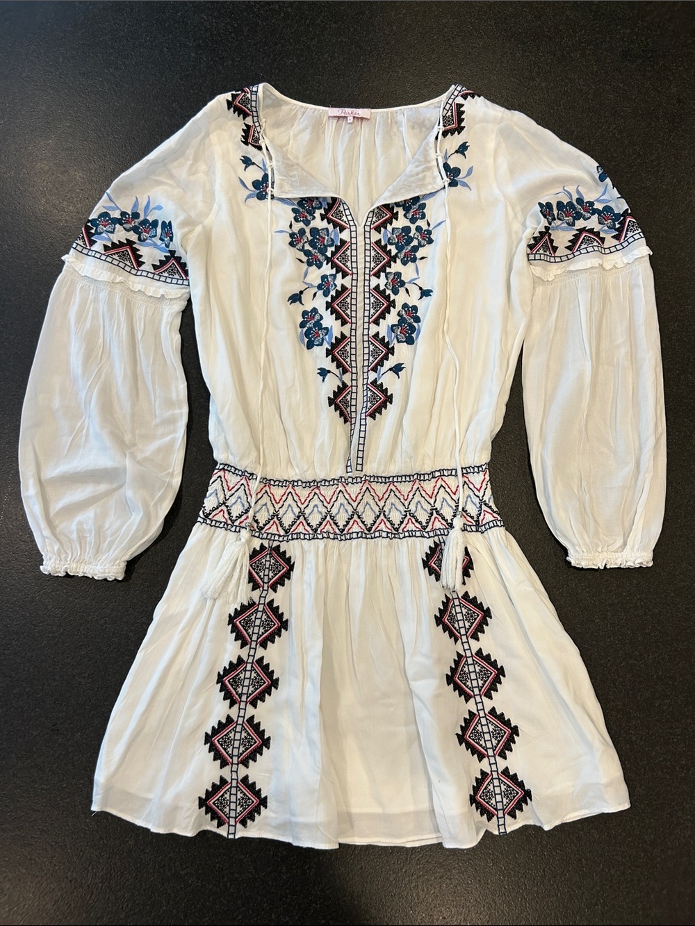 Parker White Embroidered Boho Dress with Blue and Pink Accents